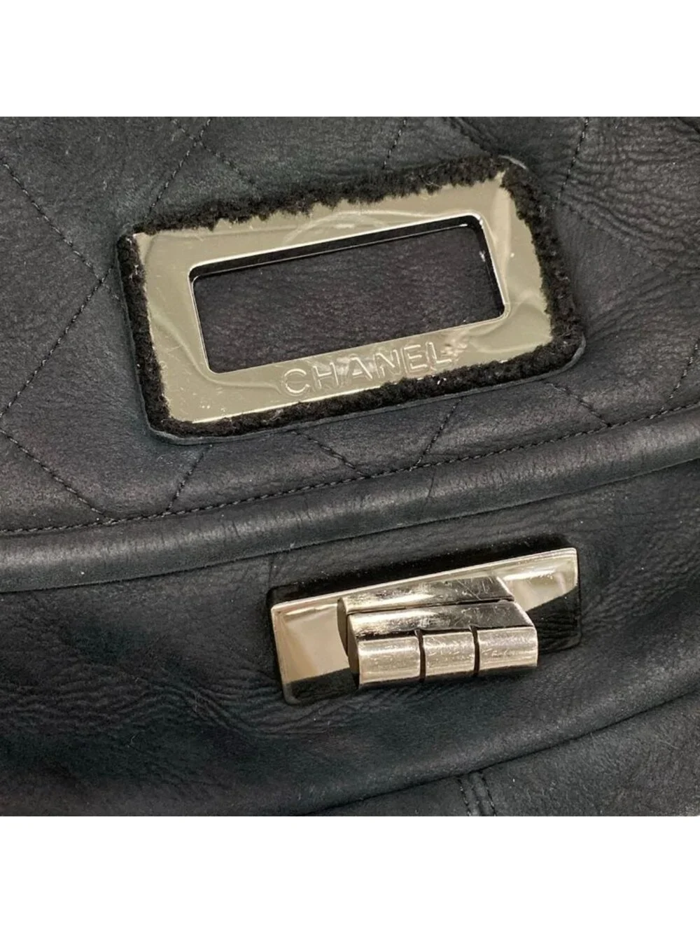 Chanel Shoulder Bag 2.55 Quilted Black Chain Silver Shearling